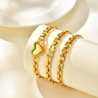 Classic Gold Plated Watch Strap Chain Bracelet, Stainless Steel Heart Charm Bracelet for Women, Waterproof Fashion Jewelry