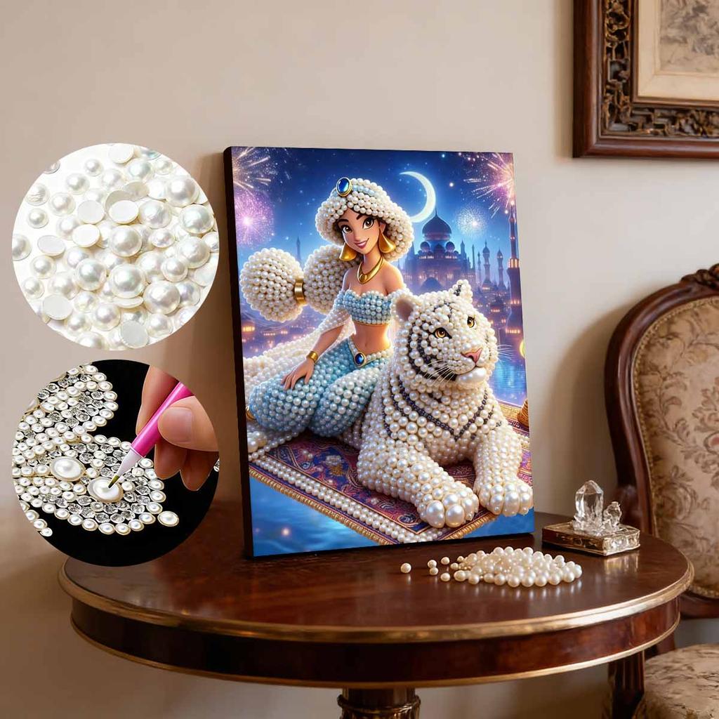 Jasmine Serie Perlmutt-Effekt Rahmenlose Kunst | Mondbeschienenes Schloss & Weißer Tiger Feuerwerk Exotische Atmosphärische Wandkunst für Zeitgenössische Wohnkultur