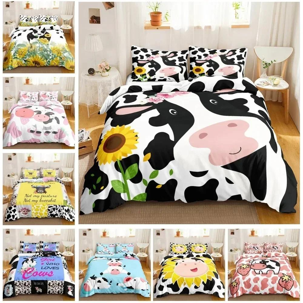 Niedlicher Kuhdruck Bettbezug Queen Kawaii Hochlandkuh Bettwäscheset Bettbezug Laken Bedruckter Kissenbezug Bett Voll Queen King Size