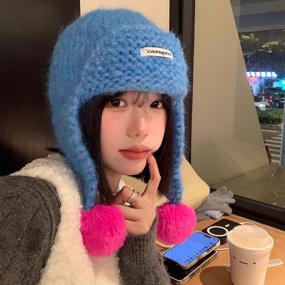 Sweet Women Knitted Cap Fluffy Pom-pom Ear Protection Caps Trendy Warm Beanie Hats  Outdoor