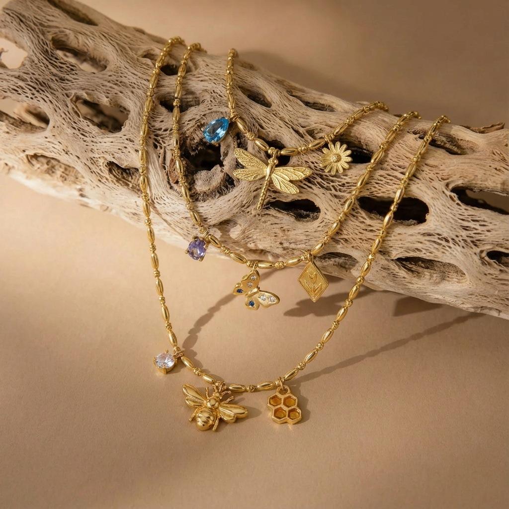 Butterfly Dragonfly Sunflower Zircon Bee Flower Pendant Gold Color Retaining Multi-Pendant Necklace