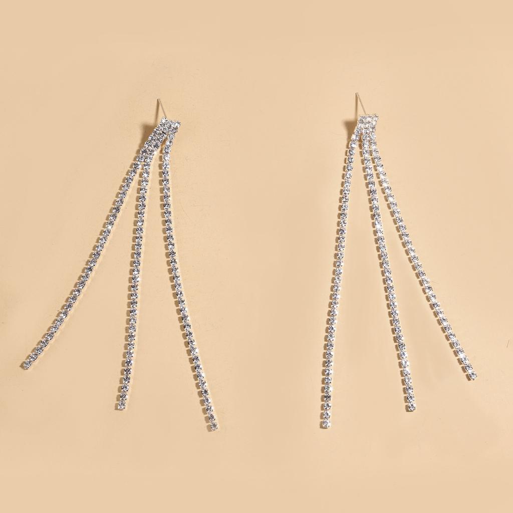 New Temperament Three-layer Full Diamond Fringed Earrings for Women, Diamond-set Fashion Trend Long Line Earrings