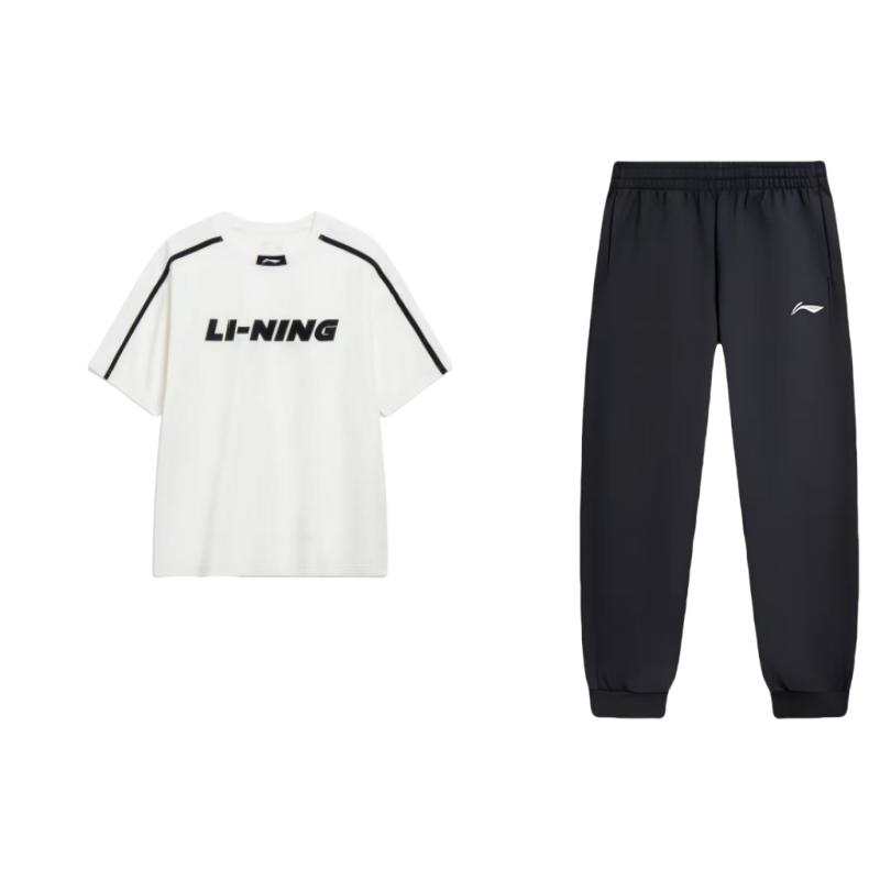 

Li Ning American Retro Letter Logo Striped Print Round Neck Loose Short Sleeve Comfortable Versatile Long Pants Casual Sports Suit AKLU991-1+AHSUD29-1 XXXL