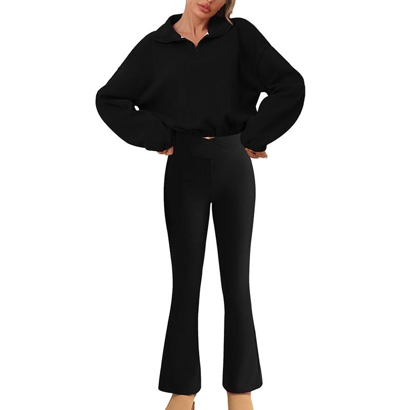 

Женский спортивный комплект из 2 предметов на флисовой подкладке: топ с длинным рукавом на молнии до середины груди и расклешенные леггинсы с V-образным поясом XL чёрный