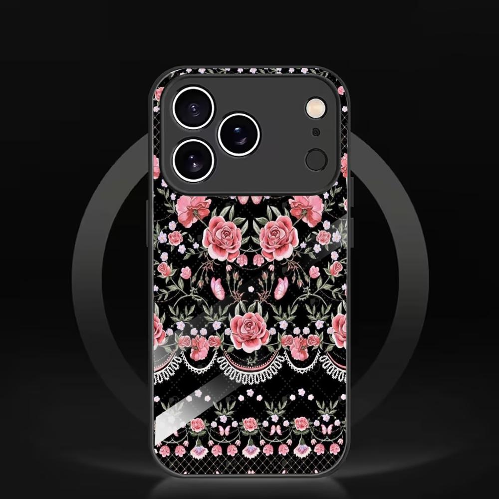 Elegant Black with Pink Roses Glass phone case mobile phones for iphone 17 pro max cover for iPhone 17 16 15 14 13 12pm Pro Plus