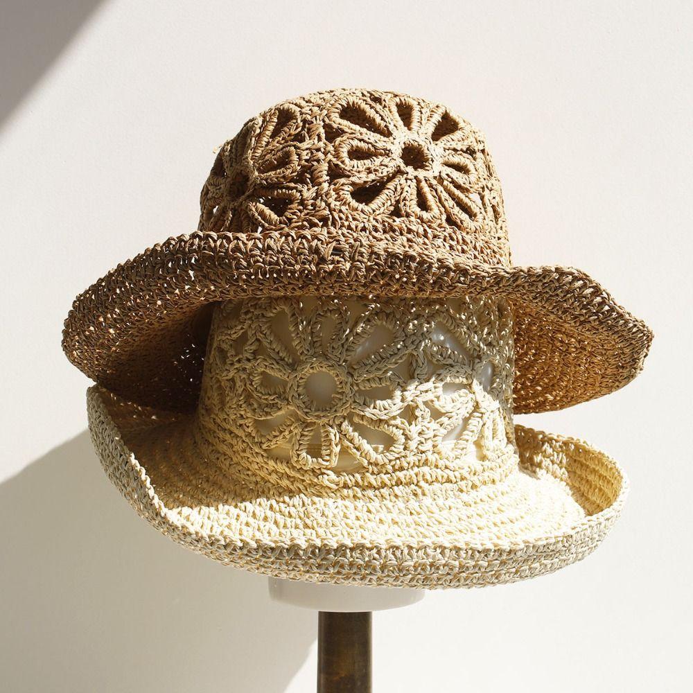Simple Design Hand-woven Straw Hat Flower Handmade Flower Bucket Hat Panama Straw Hat Beach