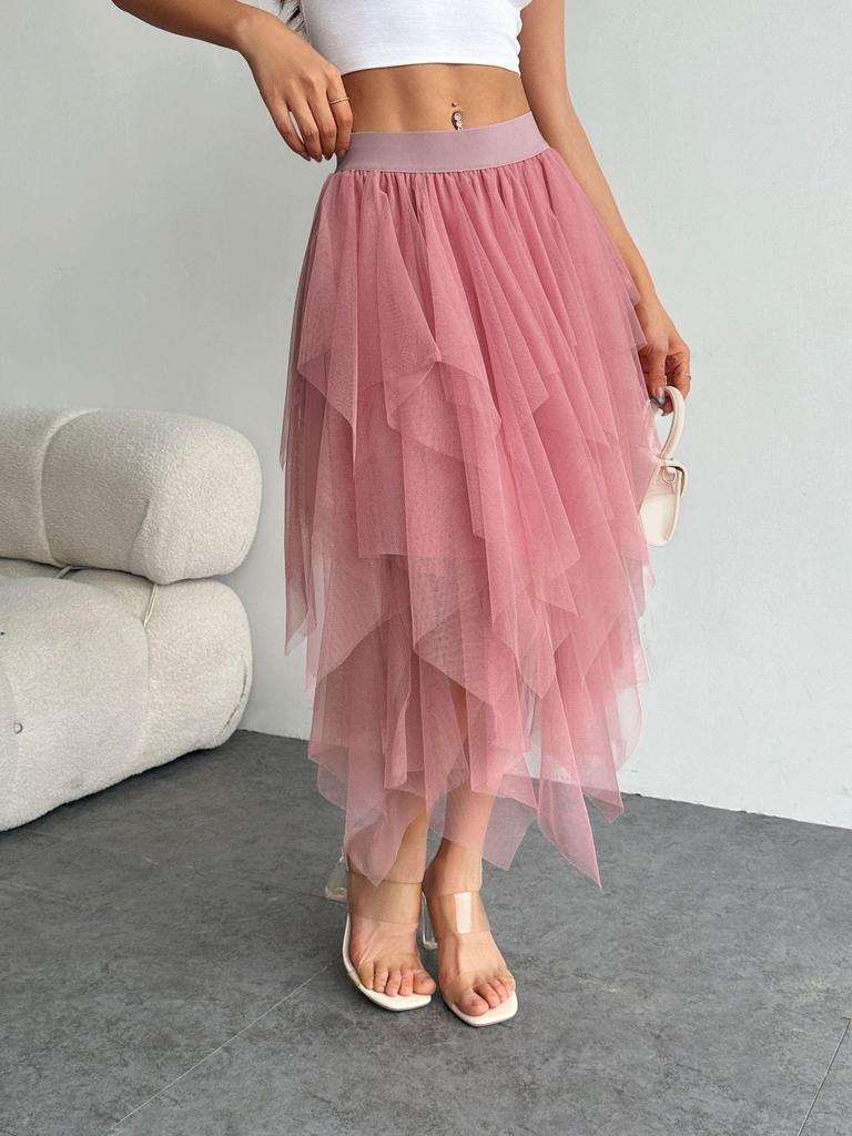 Unregelmäßiger Mesh High Waist Tüll Midi-Rock für Damen - Frühjahrsankunft 2025