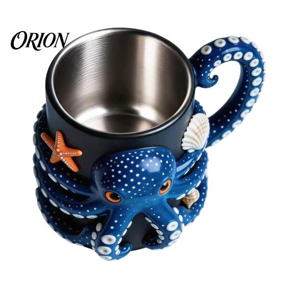 Novedad Utensilios de Cocina para Bebidas Taza de Pulpo con Asa, Diseño de Relieve de Profundidad Resina Acero Inoxidable Revestimiento Seguro Taza de Café, Taza de Beber Termoaislante para