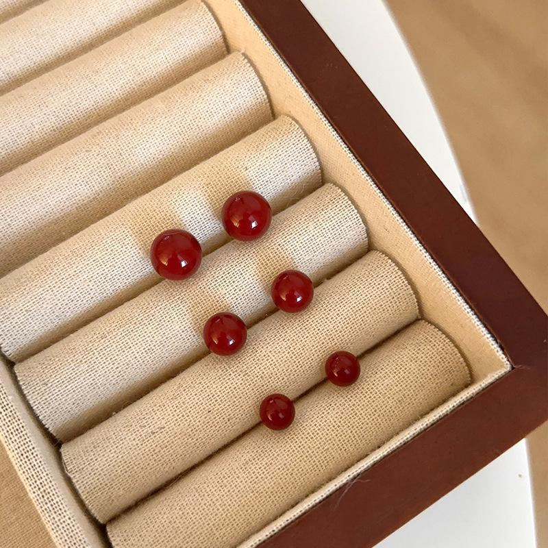 Autumn/Winter Wine Red Bead Earrings: 925 Silver, Festive French Retro Style