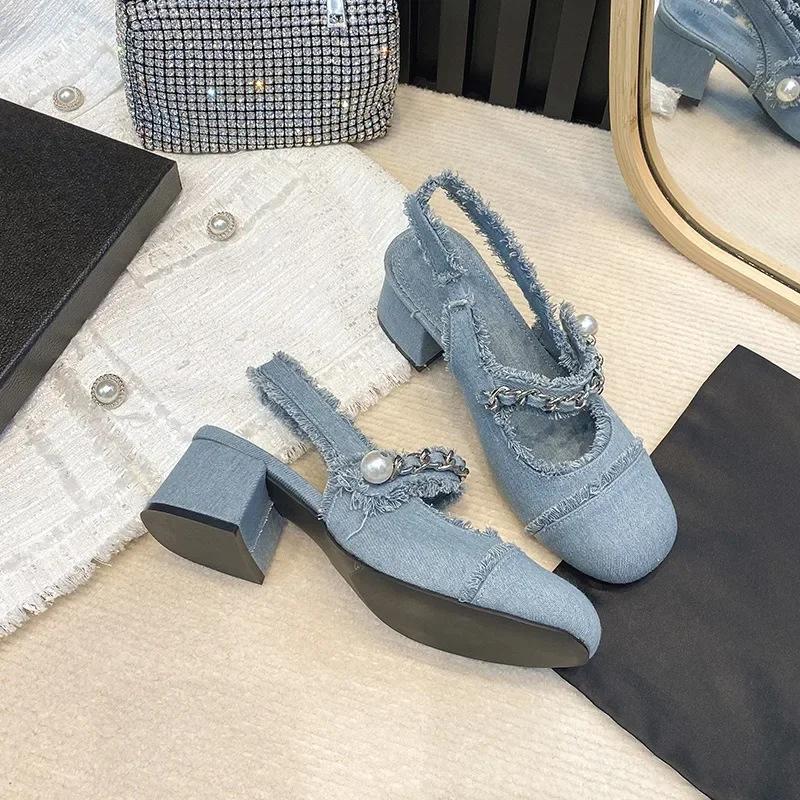 Fashion 2024 Women Summer 7cm High Heels Shoes Sandals Lady Bling Mules Slingback Silver Pumps Female Denim Sandals Bridal Quality Shoes
