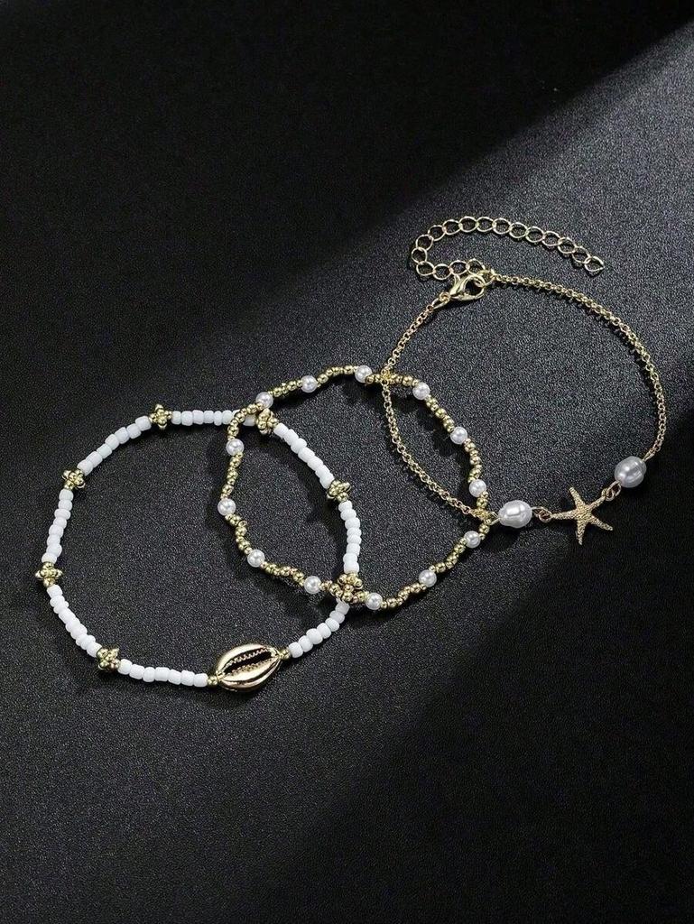 Summer Beach Style Starfish & Shell Beaded Bracelet Set For Women