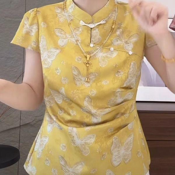 Summer summer butterfly print with short-sleeved shirt women's top, beautiful and thin top