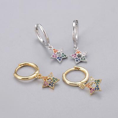 925 Sterling Silver Shiny Colored Zircon Star Charms Hoop Earrings Female Dainty Jewelry