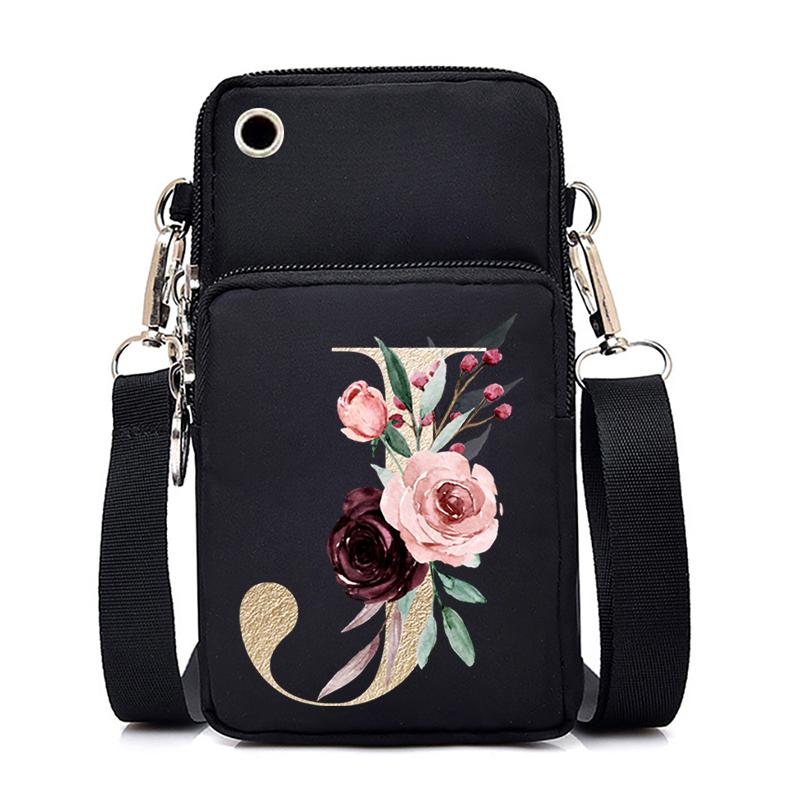Gold Color Letters A B C D Mini Mobile Phone Bag Pink Flower Alphabet Vertical Handbag 26 Initials Flower Woman Purse Handbags