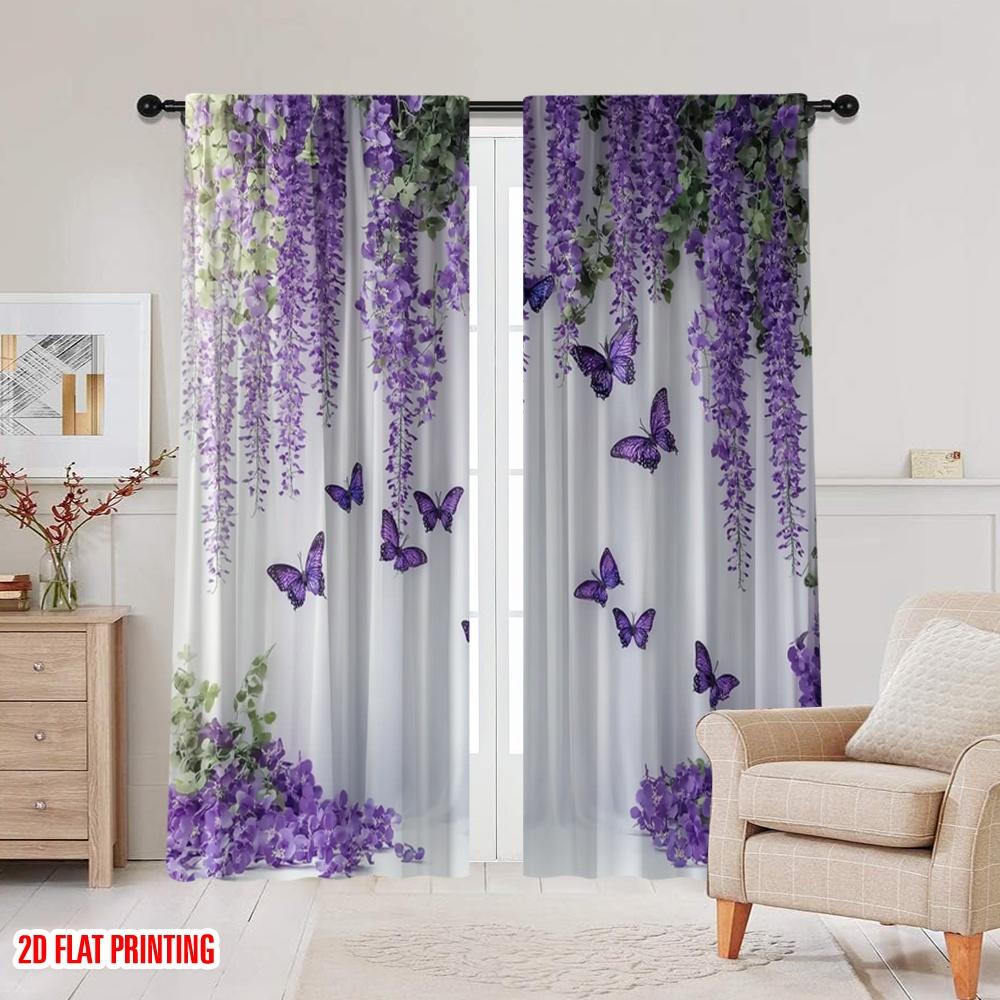 Flat Printing Window Curtains Purple Flower Butterfly Digital Printed Polyester Drapes Birthday Party Use Curtain Set Of 2 Made Washable