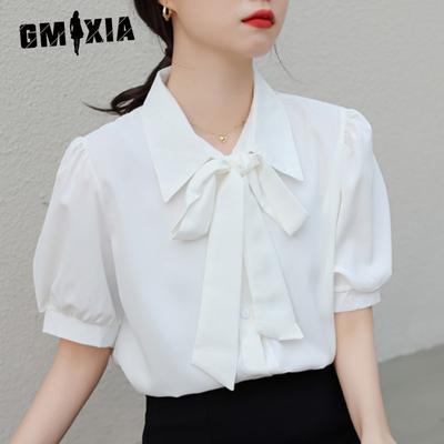 Women's Bowknot Shirt Chiffon Blouse Summer Short Sleeve Tie Sweet Top