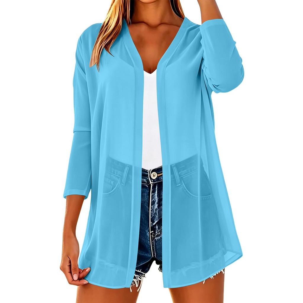 Women's Lightweight Chiffon Open Front Cardigan Three Quarter Sleeve Loose Fit Summer Outerwear Layering Top for Casual Wear