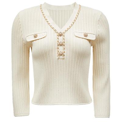 Frühjahr 2025 V-Ausschnitt Strickoberteil mit Kette & Pailletten
