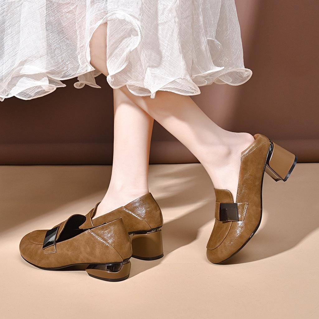 Fashion Genuine Leather Women Office Shoes High-heeled Women Dress Shoes Size 34-41 Handmade Soft Sole Thick Heel Cowhide Women Shoes