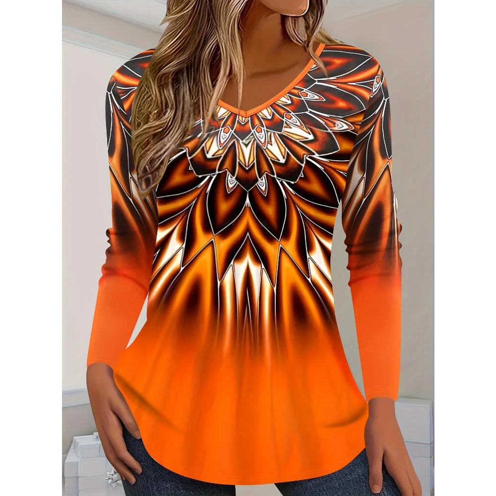 Spring and Autumn Round Neck 3D Printed Top Fashionable Casual Vintage Long Sleeved Women's T-shirts