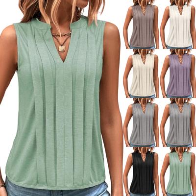 Ladies' Color Summer Fashion Temperament Elegant Pleated V-neck Vest Top
