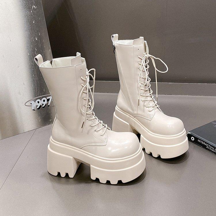 Women's Punk Platform Boots Autumn Spring New Gothic Leather Mid-Calf Boots Lace-Up Chunky High Heel Streetwear Motorcycle Botas