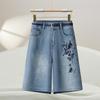 2025 New Retro High-Waist Women's Wide-Leg Denim Shorts with Chinese Embroidery - Summer Style