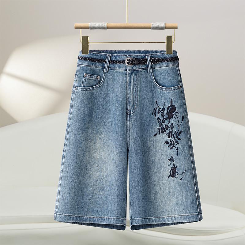 2025 New Retro High-Waist Women's Wide-Leg Denim Shorts with Chinese Embroidery - Summer Style