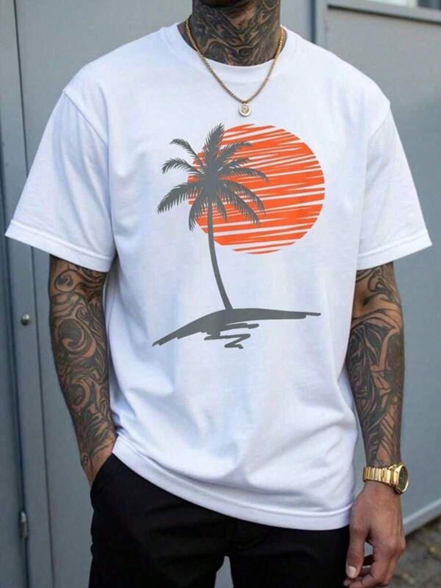 

Крутая летняя пляжная футболка унисекс с пальмой на закате для мужчин и женщин S
