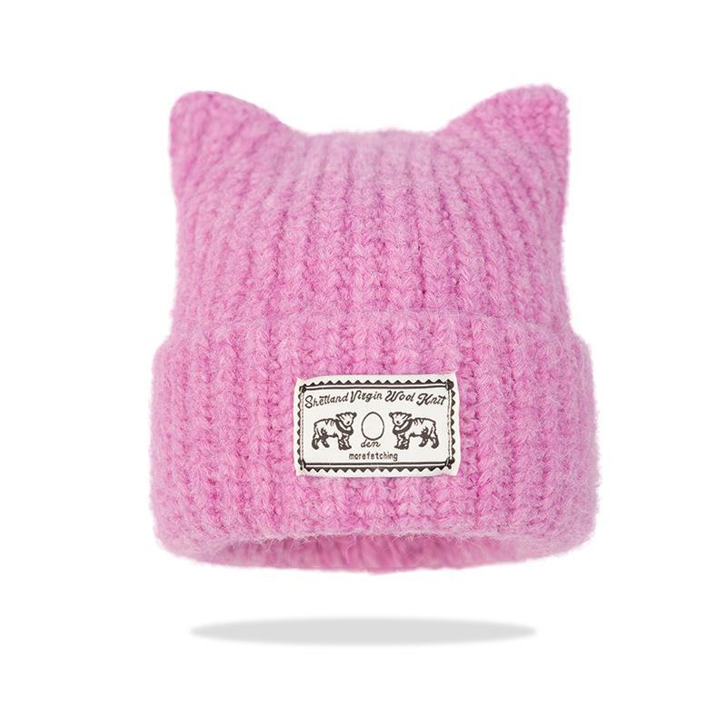 New cute cat ear patch solid color knitted hat autumn and winter face small wool hat warm ear protector pullover hat cold hat