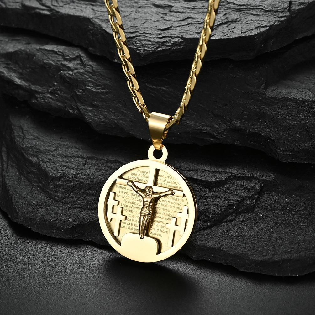 European and American Style Exaggerated Cross Round Brand Necklace, Plated with 18K Gold Personalized Tide Brand Pendant