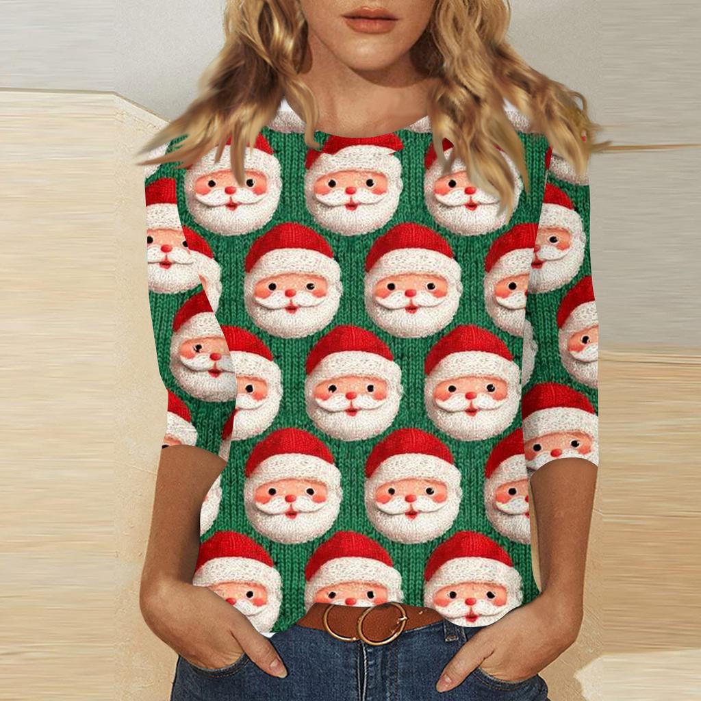Women's Fashionable Casual Three Quarter Sleeve Christmas Printed Round Neck Top
