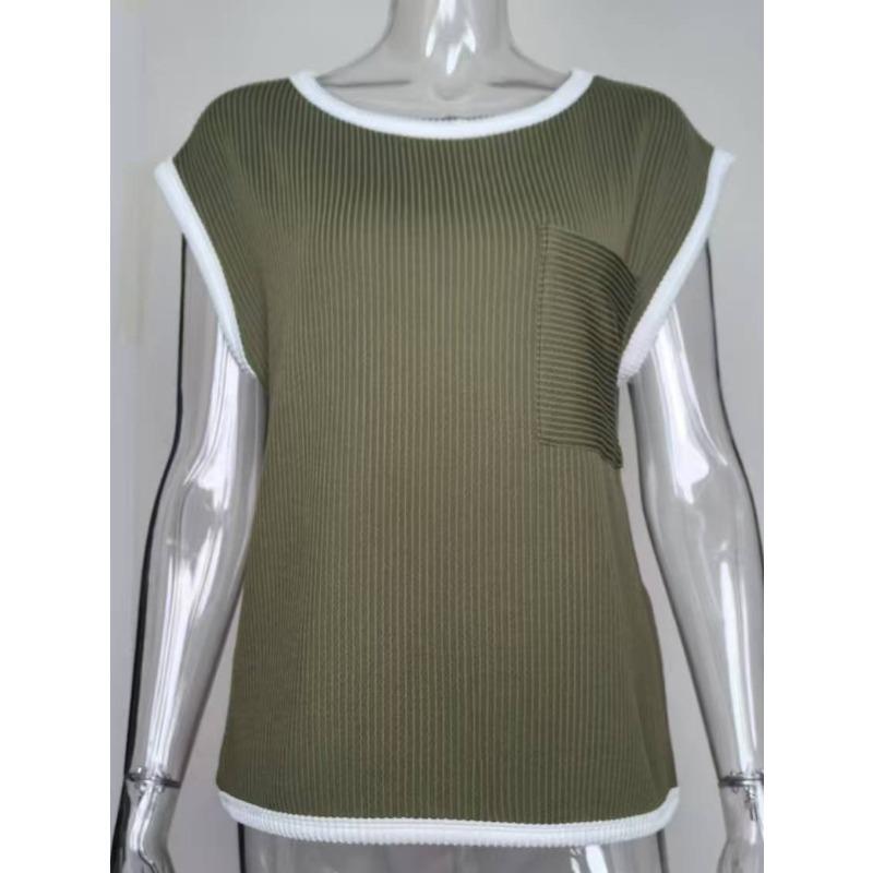 Womens Solid Ribbed Knit Contrast Trim Pocket Short Sleeve T Shirt