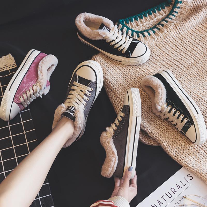 Women Winter Shoes Plush Canvas Shoes Sweet Female Solid Lacing Cotton Padded Shoes Snow Boots