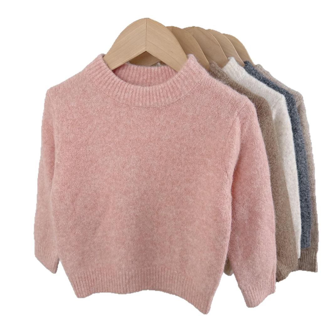 Kids' Round Neck Wool Sweater - Solid Color Knit Pullover for Autumn/Winter