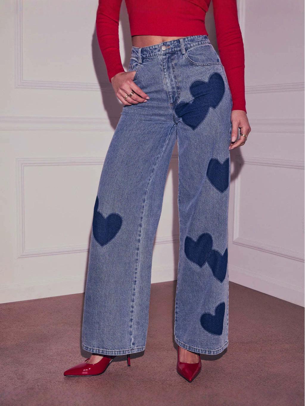 European-American Women s Heart Street Style Bell Bottom Jeans XL синий