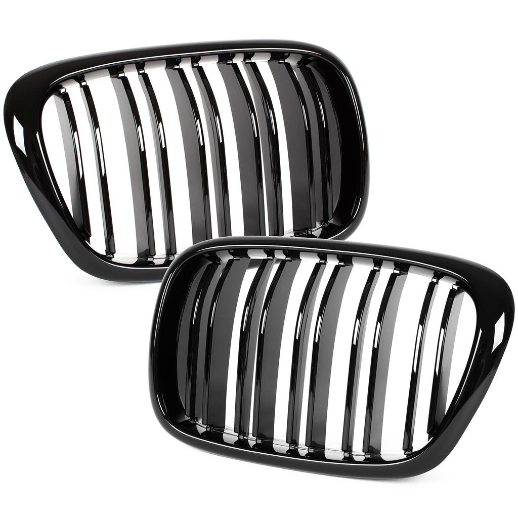 BMW 5 E39 95-03 SEDAN / KOMBI roosters tussen de koplampen (nieren) links + rechts set ZWART GLANZEND DUBBELE STAAF