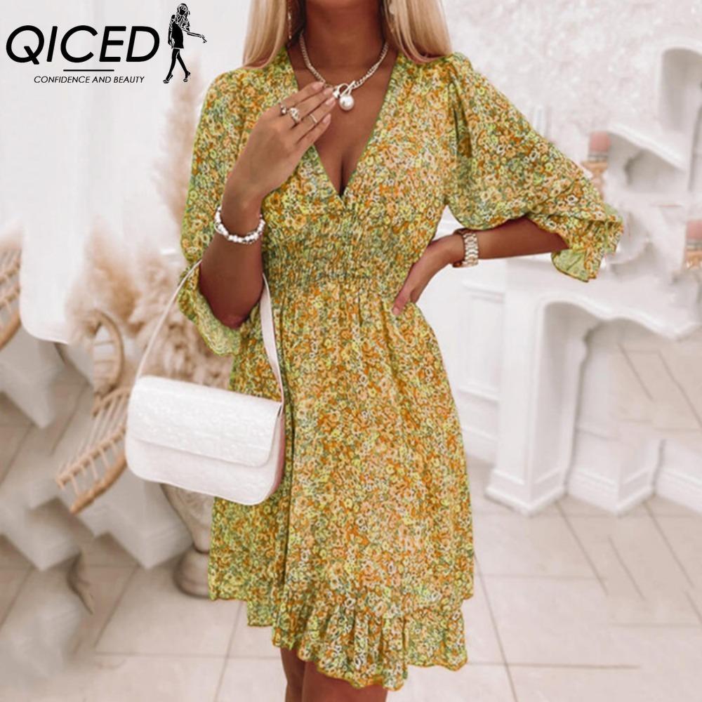 QICED Summer Floral Print Mini Dresses Women Vintage Sexy A-Line V-Neck Half Sleeve Party Dress Female Casual Elegant Beach Dress
