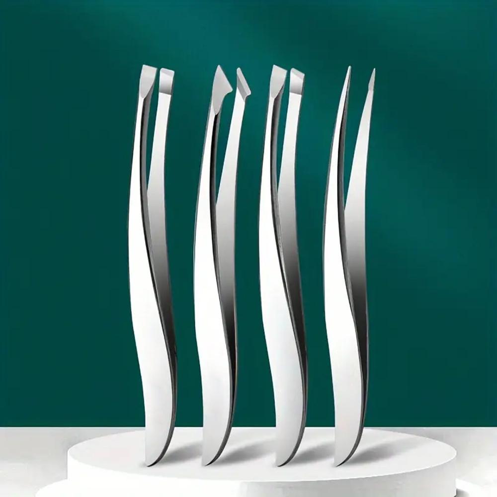 4Pcs Mirror Light Curve Tweezers Plucking Hair Eyebrow Clip Plucking Beard Eyebrows False Eyelashes Makeup Makeup Tool Set