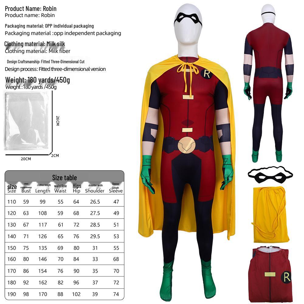 Teen Titans Robin Cosplay Costume Set with Batman Cape for Halloween or Stage Performances. Child 150cm