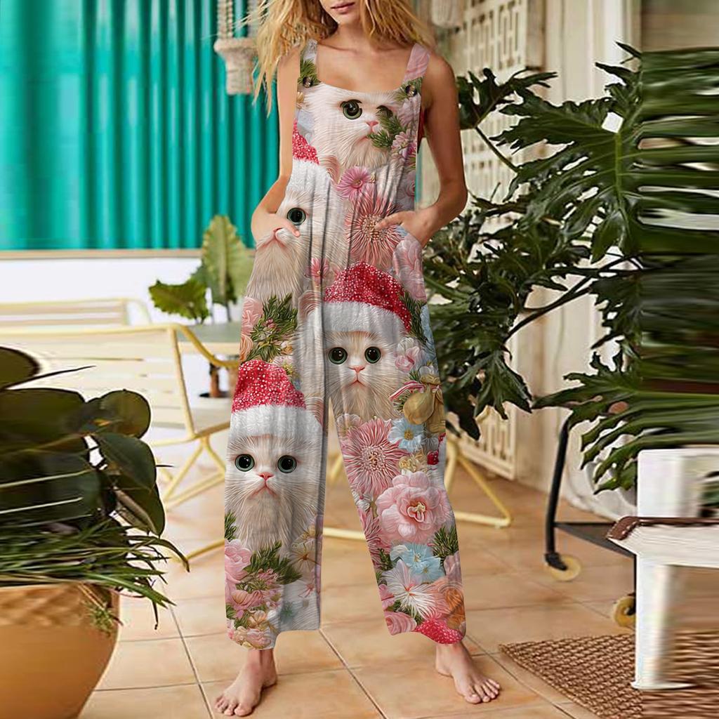 Women's Casual Jumpsuit Sleeveless Christmas Printed Cotton Jumpsuit