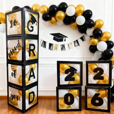 4 Pcs 2026 Grad Balloon Boxes Black Balloon Boxes with Letters So Pround of You Graduation Party Decoration for College