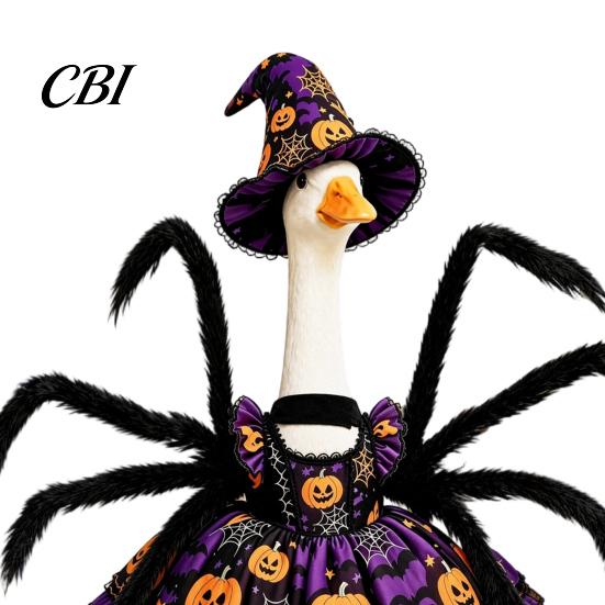 Porch Goose Costume 1 Set Halloween Spider Outfit, Pumpkin Cobweb Print Dress with for Yard Decoration Legs And Witch Hat, 23-Inch Statue Outdoor