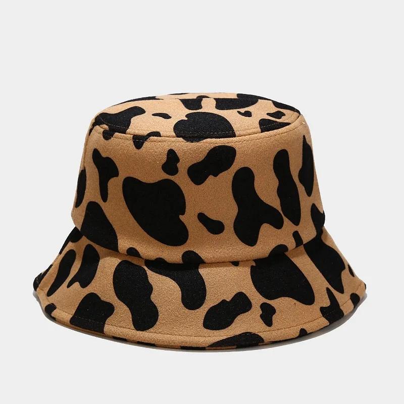 New Women Woolen Bucket Caps Trendy Cow Pattern Outdoor Travel Sun Hat Protection Fisherman Cap Fashion Shading Panama Hats
