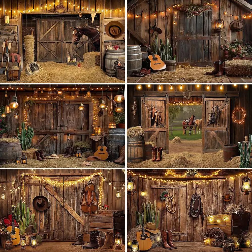 Tela de Fondo para Granero de Caballos del Oeste de Texas – Decoración Rústica para Fiestas y Fondo para Fotos-Tapiz