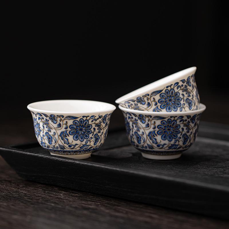 Blue and White Porcelain Magnolia Teacup - Mutton Fat Jade Lotus Design