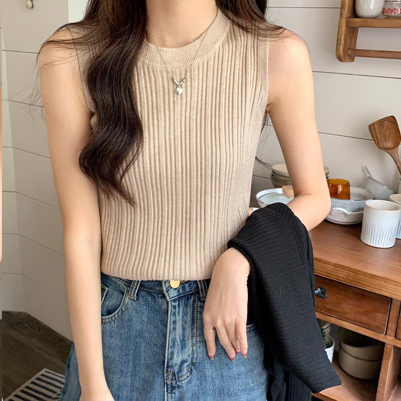 Solid Color Short Knitted Crew Neck Vest Women's Inner Summer Sleeveless Vest Slim Fit Wide Shoulder Strap Outer Bottom Top