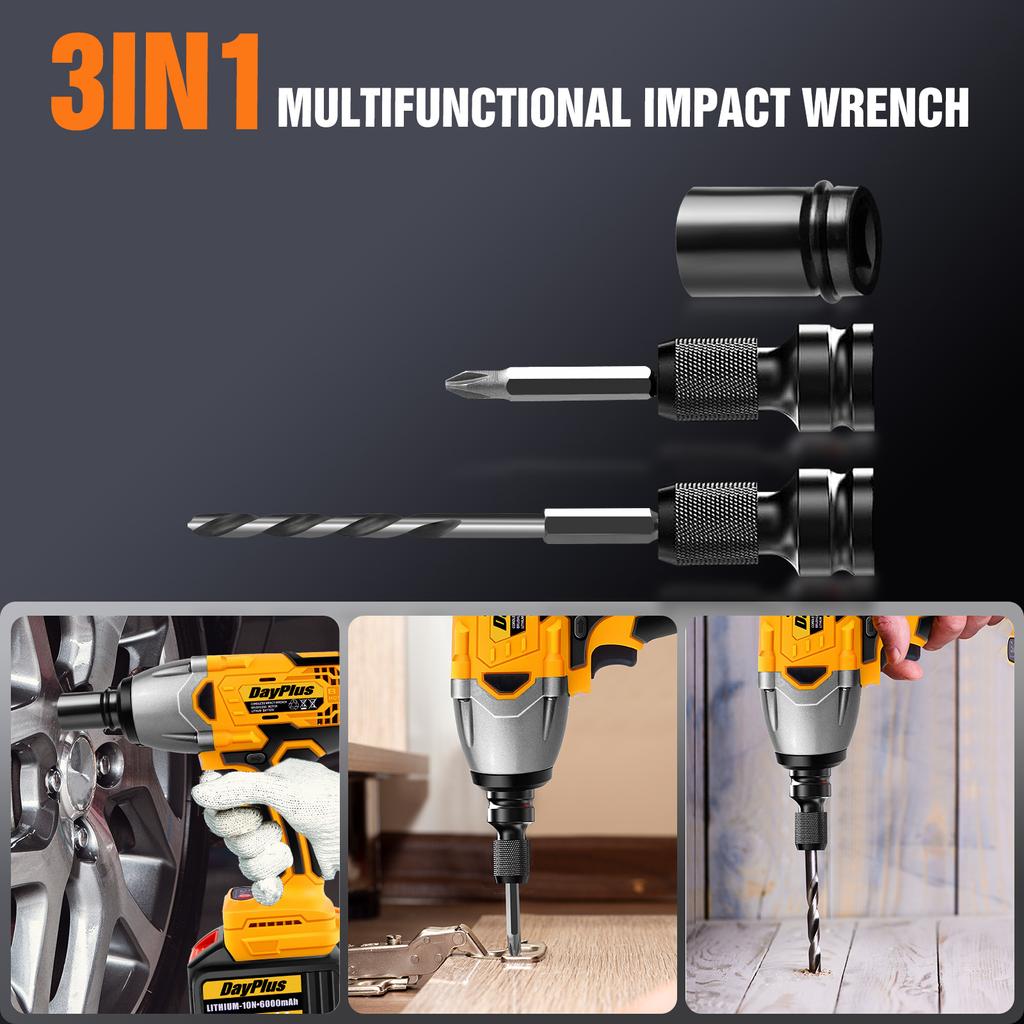 DayPlus 1500Nm Cordless Impact Wrench 3 IN 1 Electric Drill Impact Wrench,Brushless Impact Gun 1/2"Driver Car Tyre Wheel,3 Speed