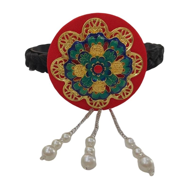 Traditional Korean Hanbok Headband for Women and Girls Blue Glaze and Faux Pearls Hair Hoop Stage Dance Hair Accessory