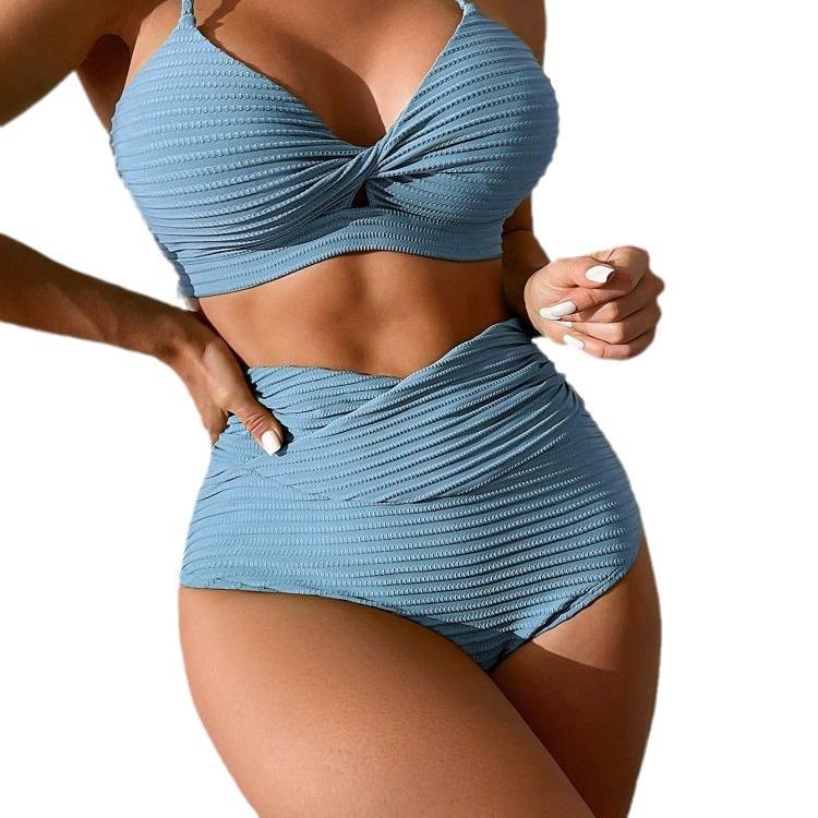 2026 European & American Solid Color High Waist Split Bikini Swimsuit